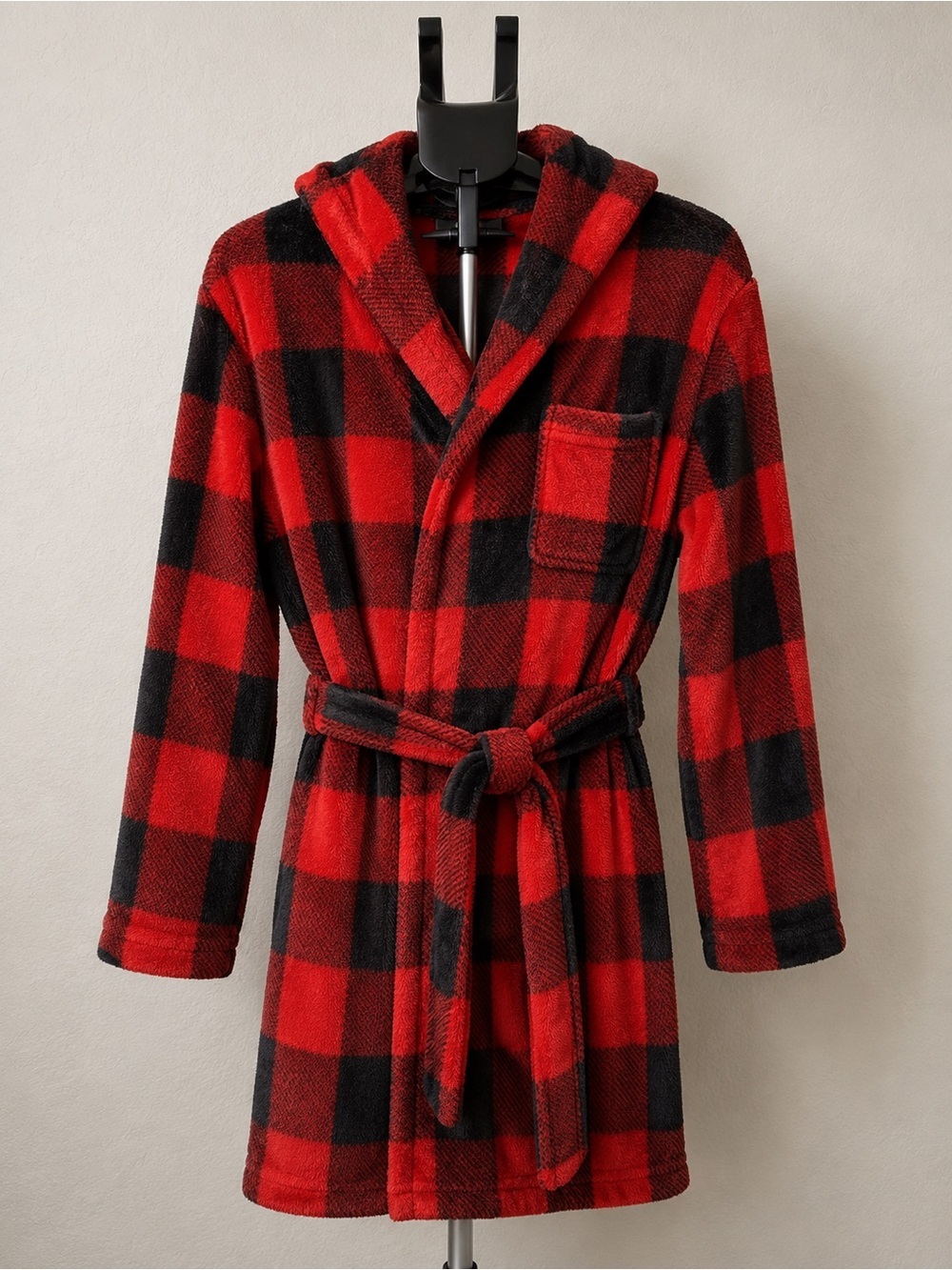 PINK Buffalo Plaid Plush Hooded Robe Red Black Women’s M